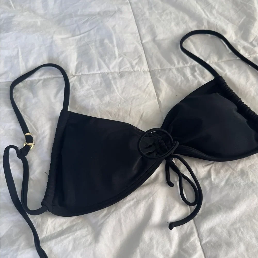 Hollister Cinched Black Bikini Top XS Tie Back Adjustable Straps Ruched Swim